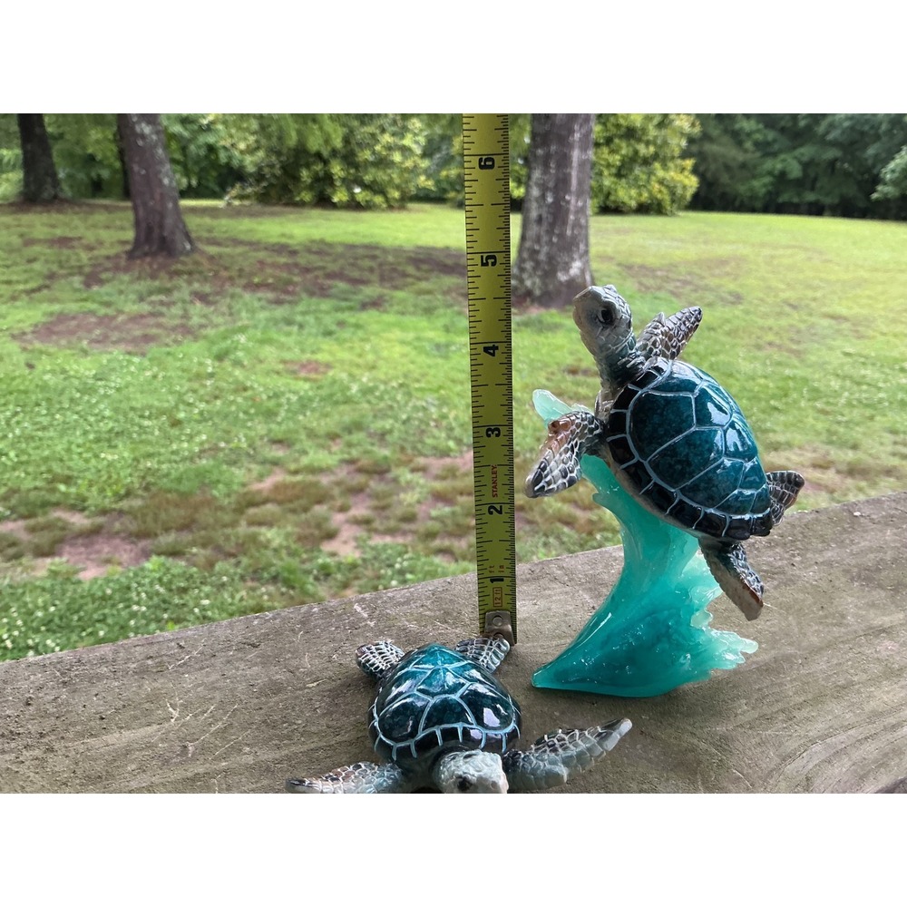 Sea Turtle Figurine Set Teal Turquoise Resin Ocean Wave Decor 2 Piece Coastal - Picture 8 of 10